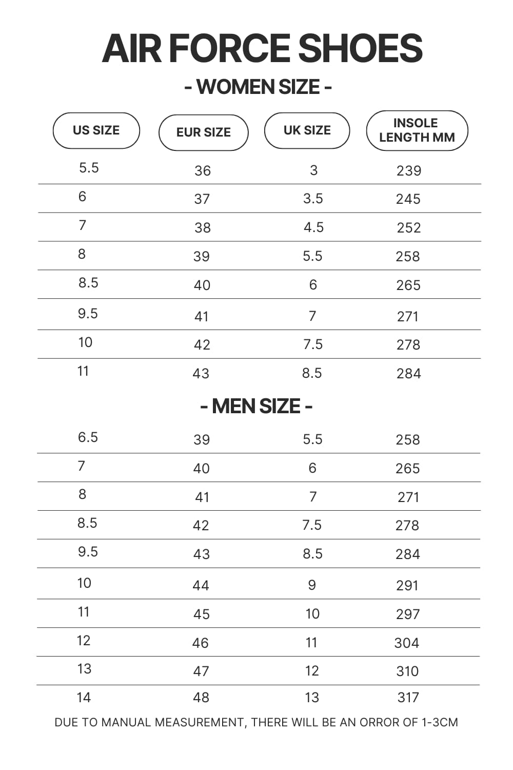 Air Force Shoes Size Chart - Bleach UK Store