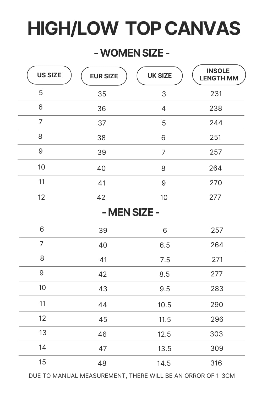 High Top Low Top Canvas Shoes Size Chart - Bleach UK Store