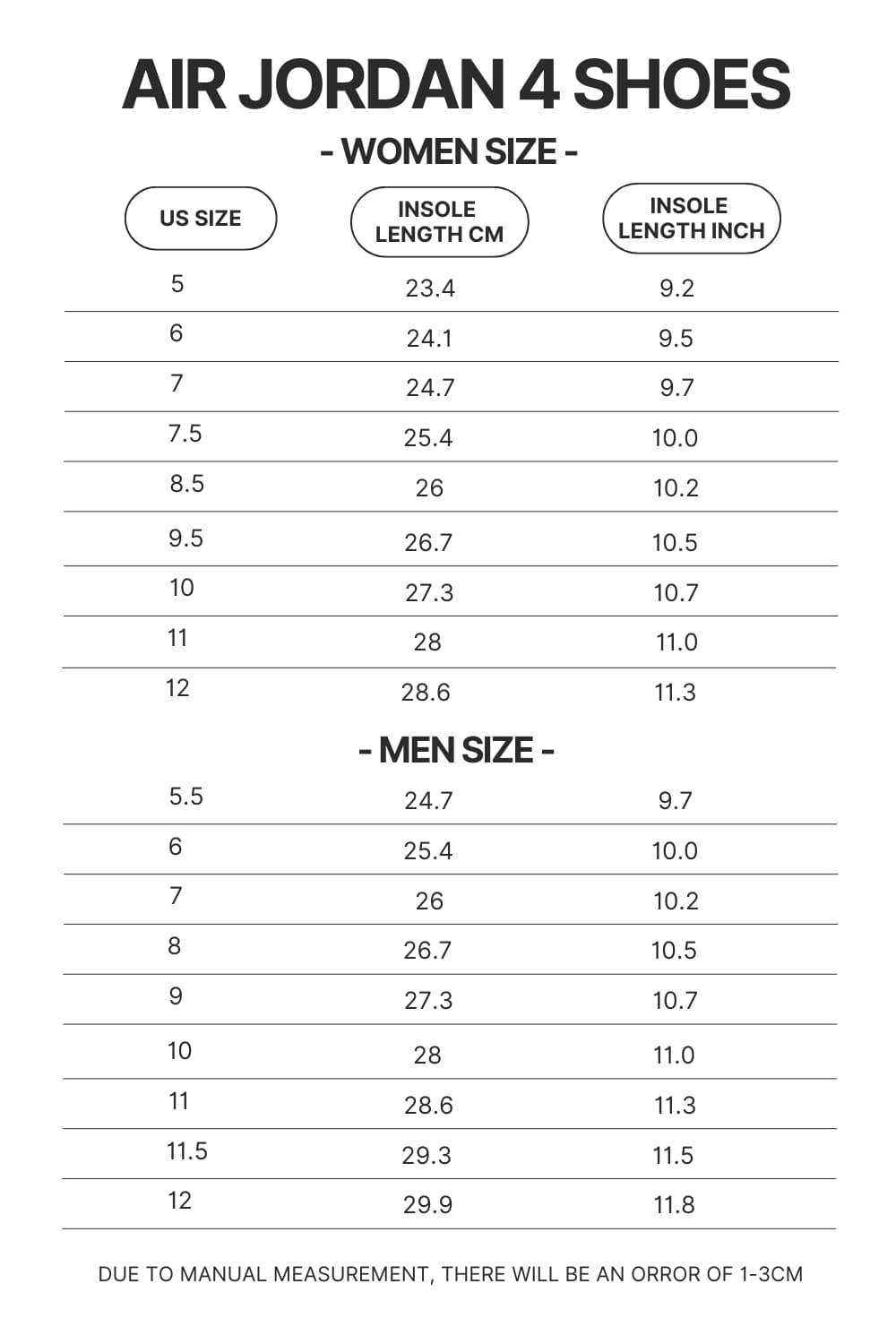 Product size chart