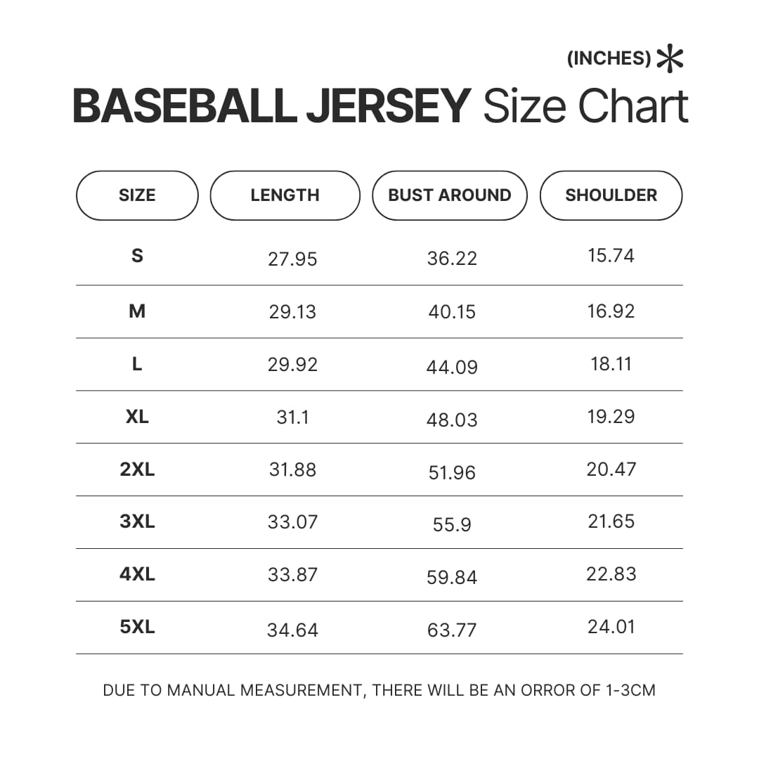 Baseball Jersey Size Chart - Bleach UK Store