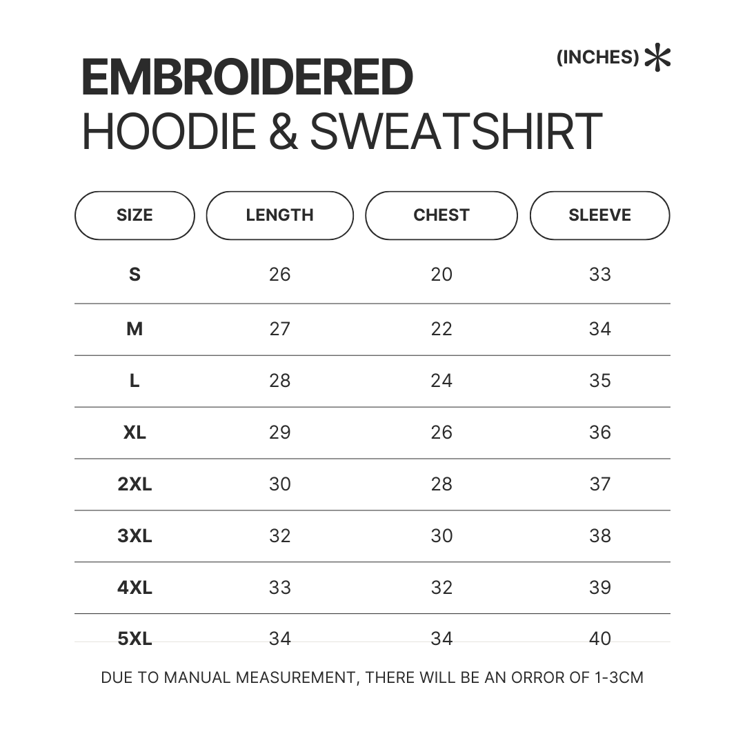 Embroidered Hoodie Sweatshirt Size Chart - Bleach UK Store