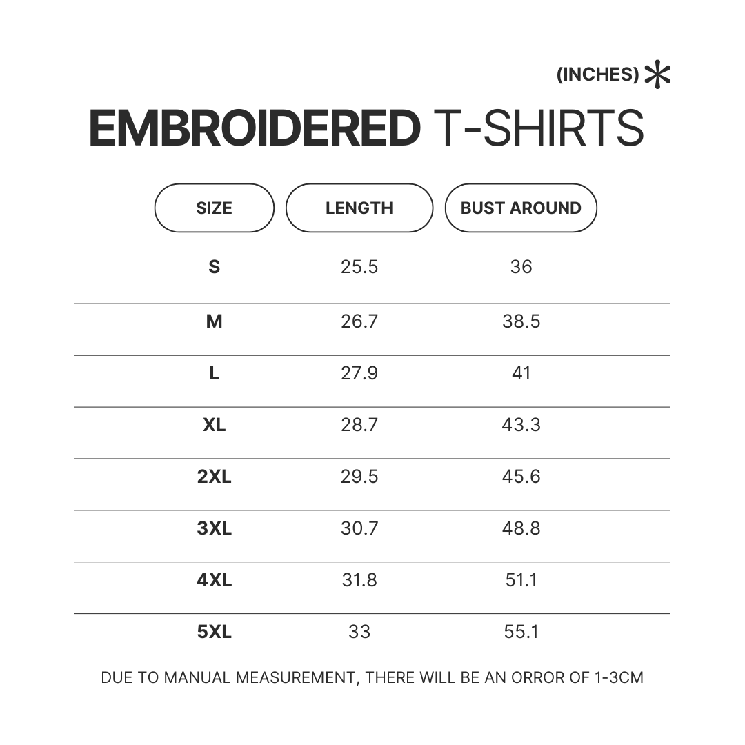 Embroidered T shirt Size Chart - Bleach UK Store
